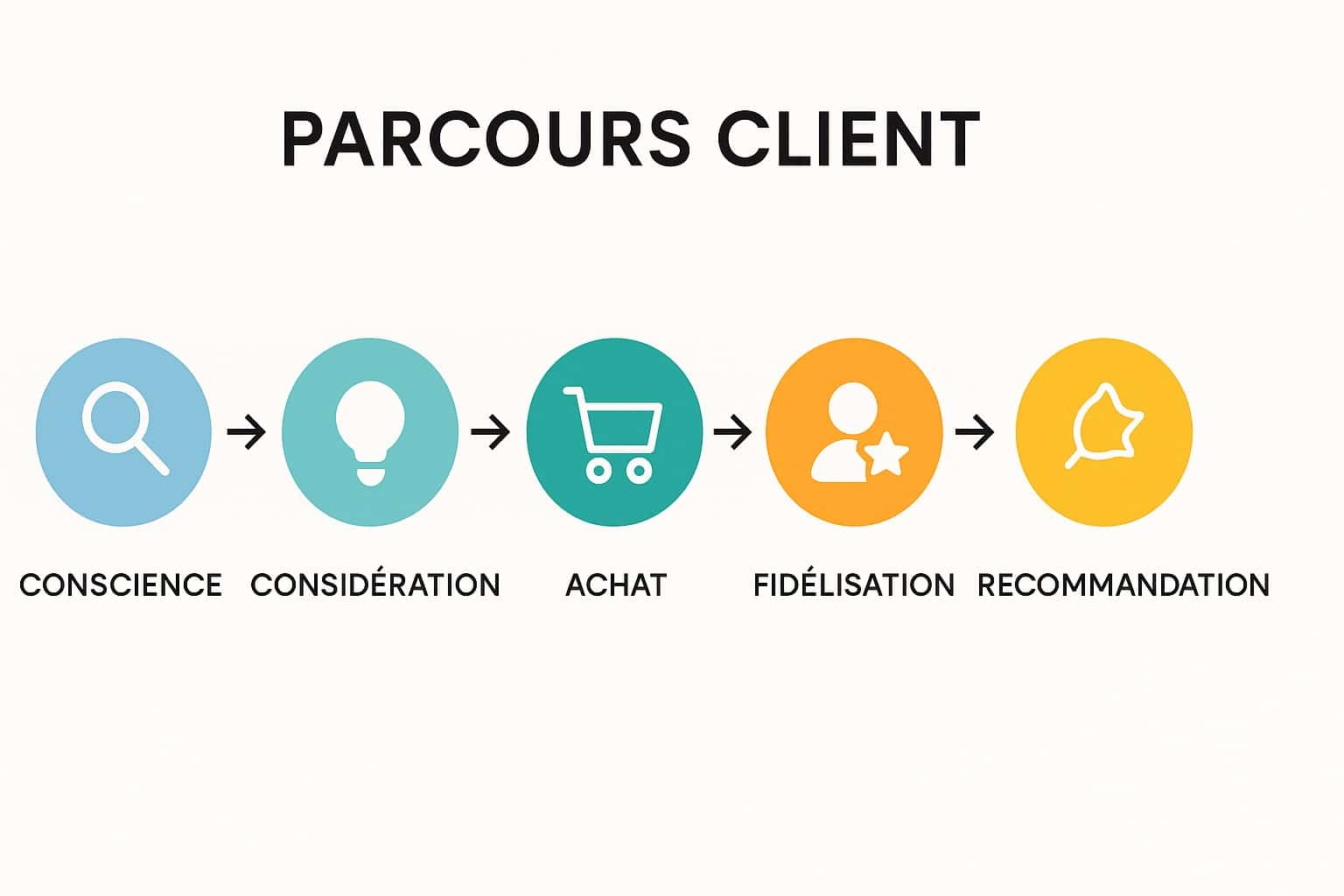 Parcours client : étapes de conscience à recommandation avec icônes et flèches colorées.