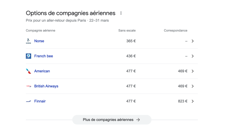 Affichage des options de compagnies aériennes avec possibilité de réservation et de comparaison de prix