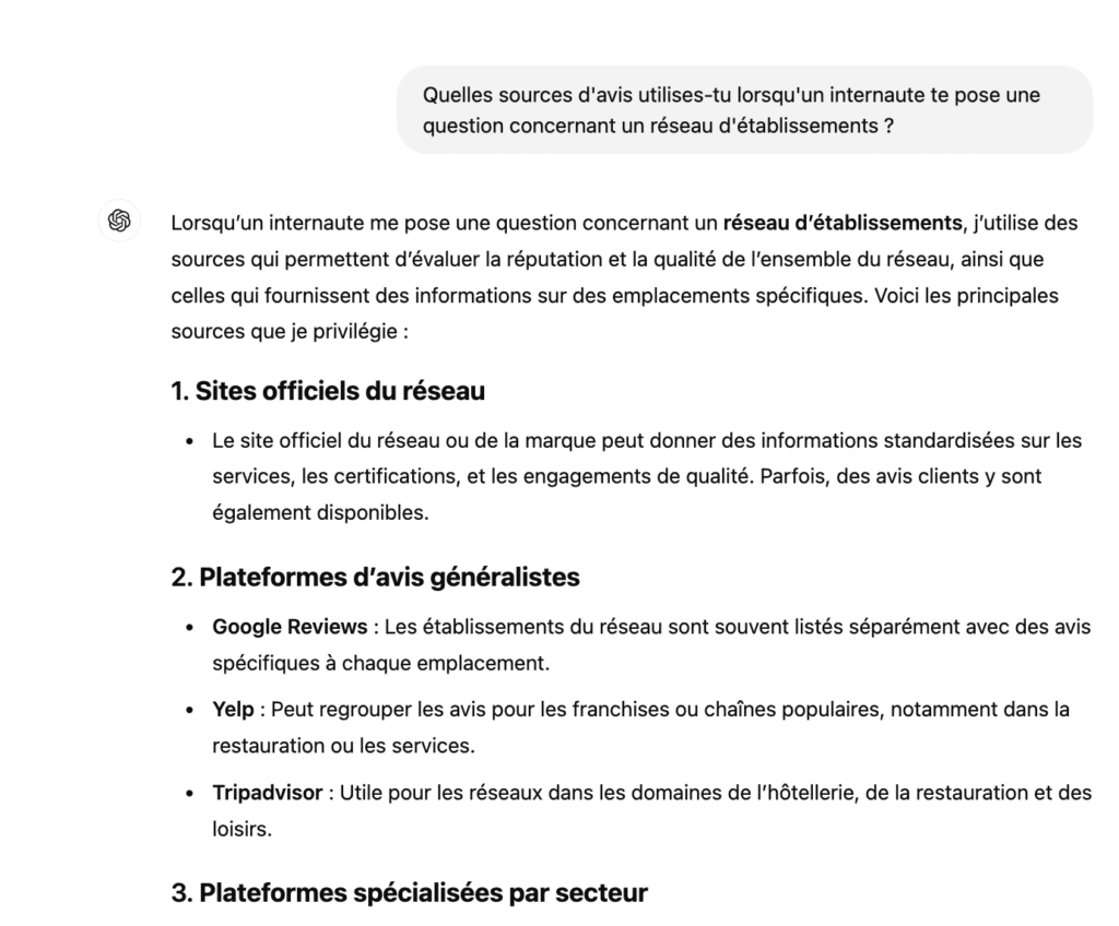 Liste des principales sources d'avis pour un réseau d'établissements : sites officiels et plateformes.