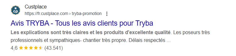 vis Tryba sur Custplace : plus de 43 000 avis avec une note de 4,6 sur 5