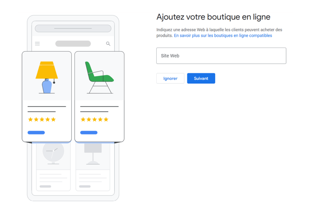Interface Google invitant les entreprises à ajouter une URL de boutique en ligne