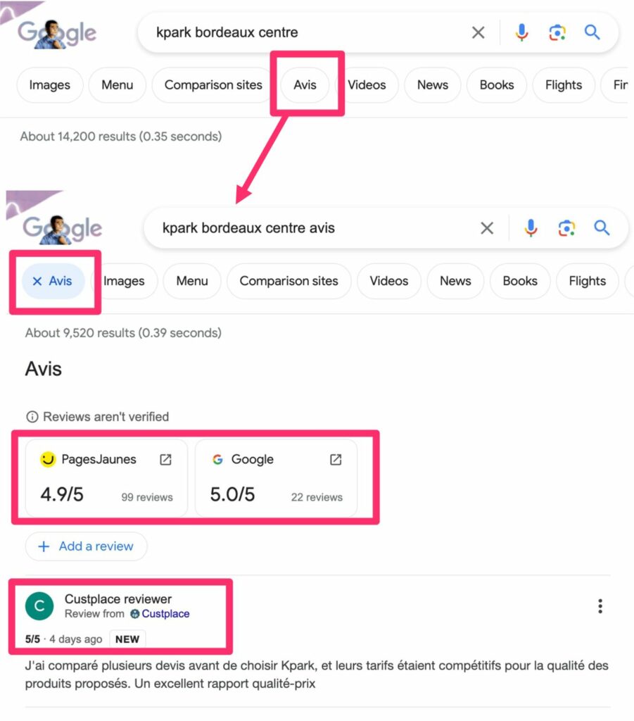  exemple de recherche pout la marque KparK « Marque + Localité » : Un nouvel onglet « avis » regroupant des avis de diverses sources, y compris Google, PagesJaunes, et Custplace, rendant les avis Google moins prédominants.