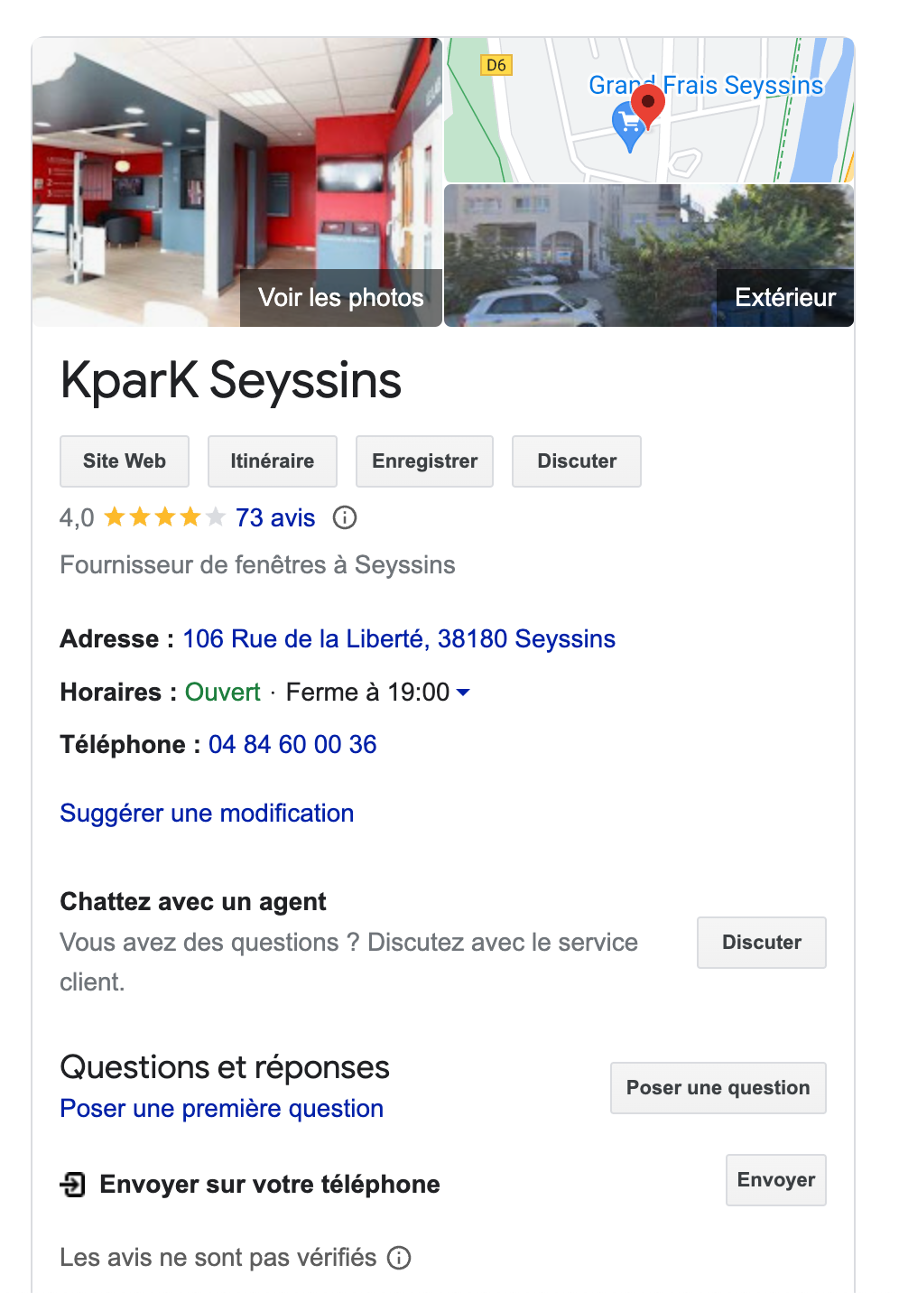Capture d'écran de la fiche Google Business Profile pour 'KparK Seyssins'. L'image montre une note de 4,0 étoiles basée sur 73 avis. On y voit également une photo de l'extérieur du magasin, le nom de l'entreprise, le bouton pour voir les photos, les options pour accéder au site web, obtenir l'itinéraire, enregistrer, et discuter. Les détails comprennent l'adresse, les heures d'ouverture indiquant, le numéro de téléphone, et les options pour suggérer une modification, chatter avec un agent, et une section 'Questions et réponses'.