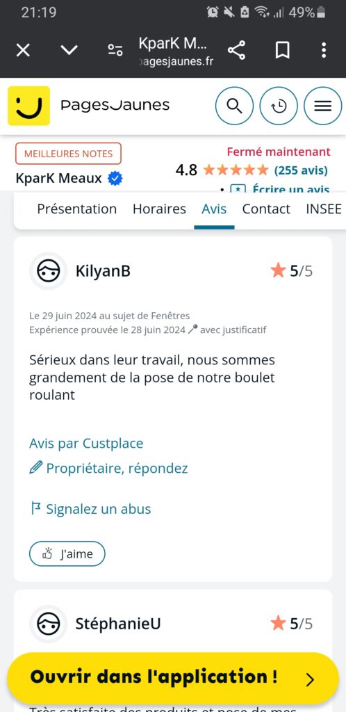 Avis client sur Pages Jaunes pour Kpark Meaux, noté 4.8/5 avec 255 avis et une option pour répondre.