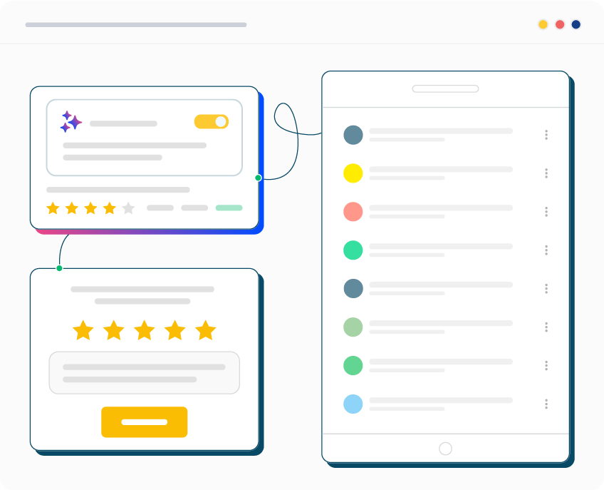 Illustration de la collecte et diffusion d’avis clients vers une interface mobile centralisée.