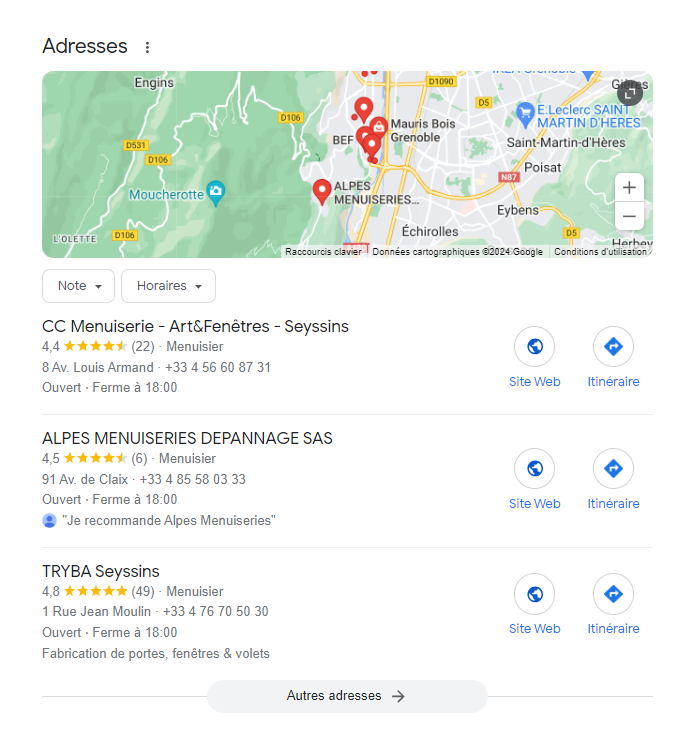 local pack affichant les résultats de recherche pour la requête "menuiserie sur mesure Seyssins" sur Google