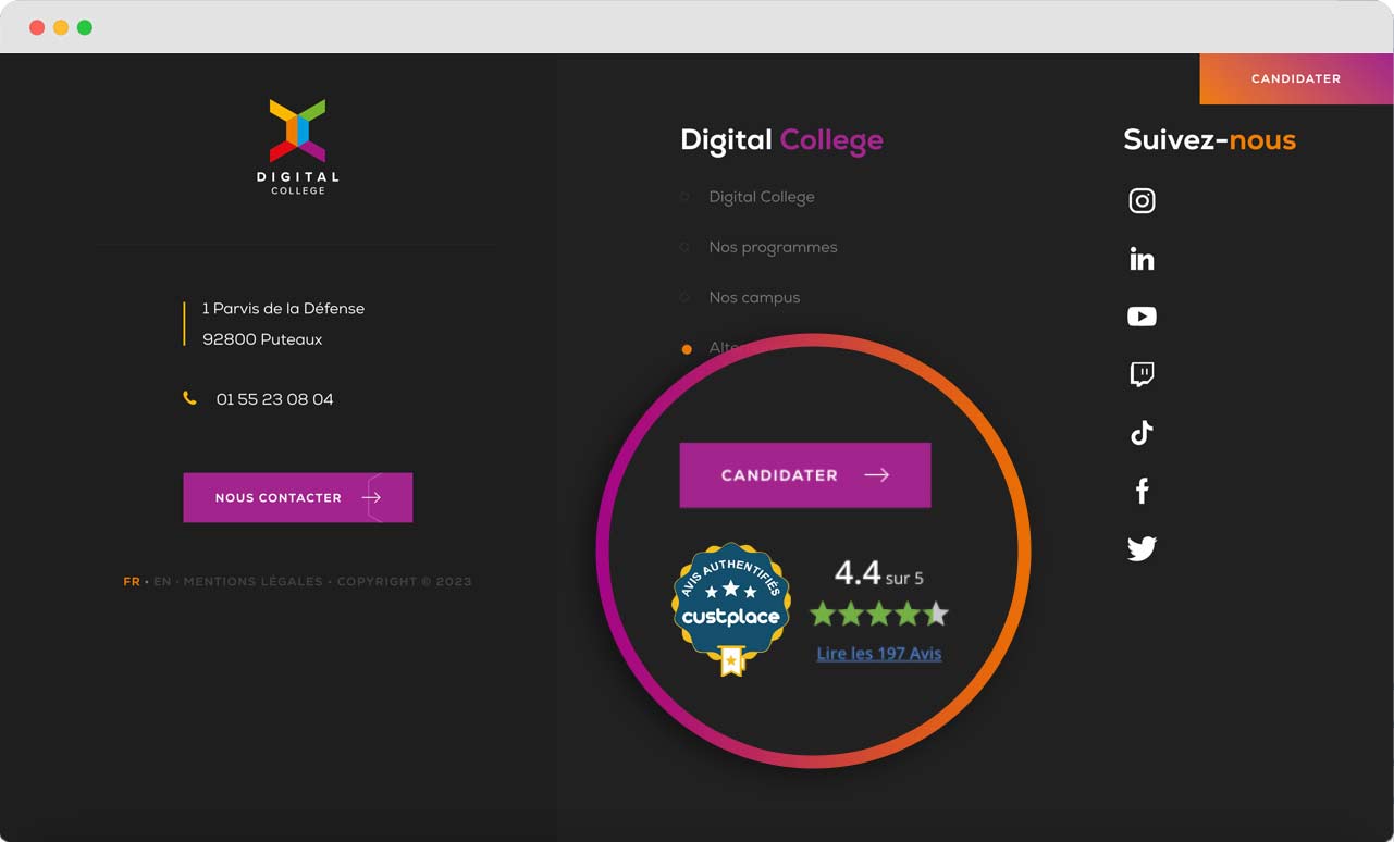 affichage du badge de confiance custplace sur le footer du site de Collège de Paris avec une note de 4,4/5 et 197 avis