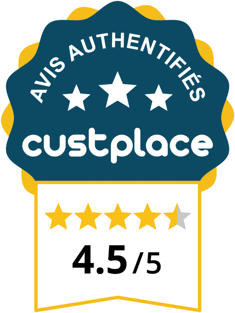 L'image représente le badge de confiance de Custplace, affirmant la véracité des avis avec l'inscription "AVIS AUTHENTIFIÉS" en haut. Le logo de Custplace est au centre de l'insigne bleu marine et jaune, et en dessous, un ruban blanc affiche une note de 4.5 sur 5 étoiles, soulignant la haute qualité des évaluations sur la plateforme.