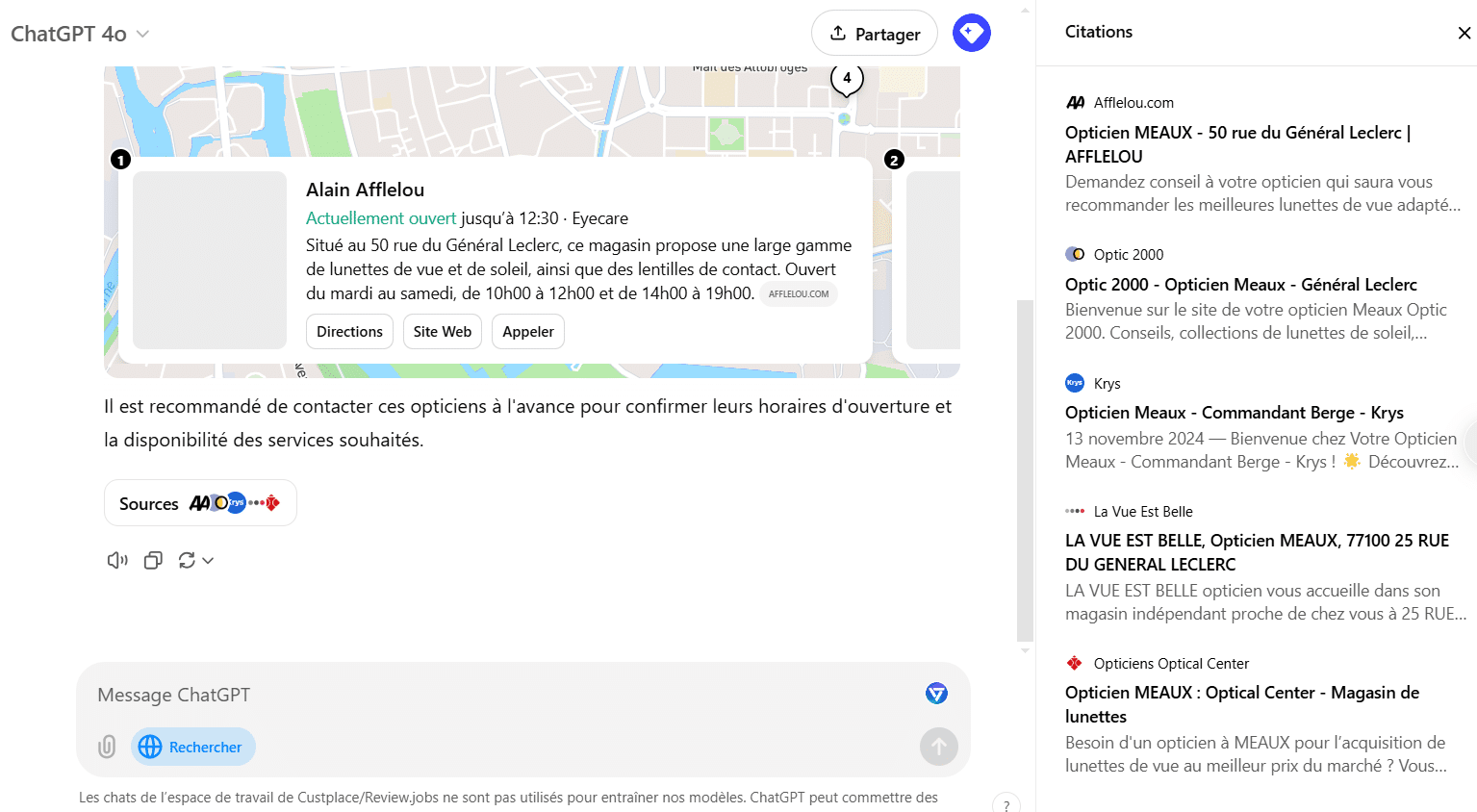 Exemple d’une recherche locale sur SearchGPT pour un opticien, avec résultats et citations des sources