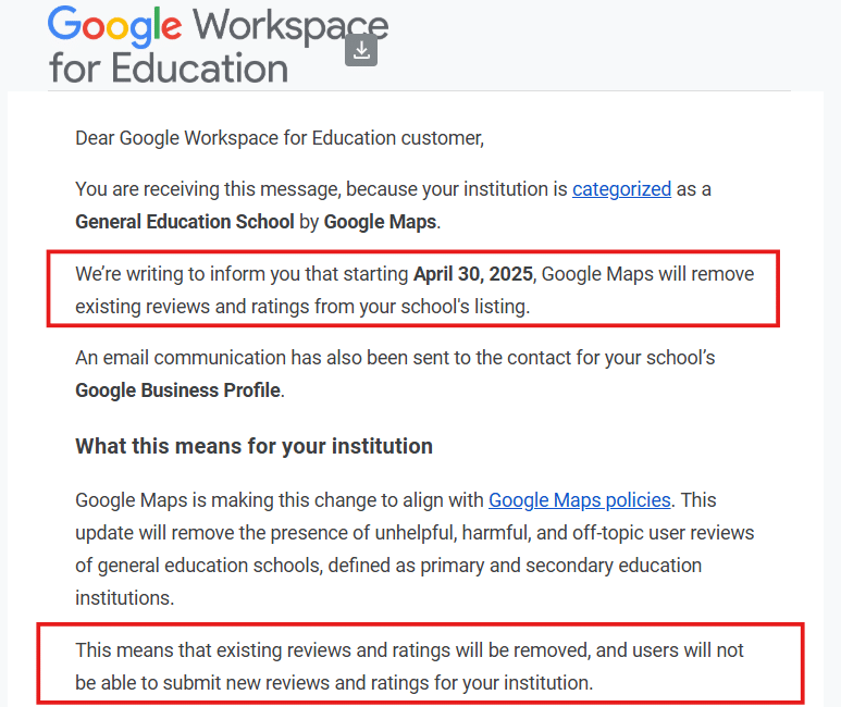 Notification Google annonçant la suppression des avis scolaires à partir du 30 avril 2025.