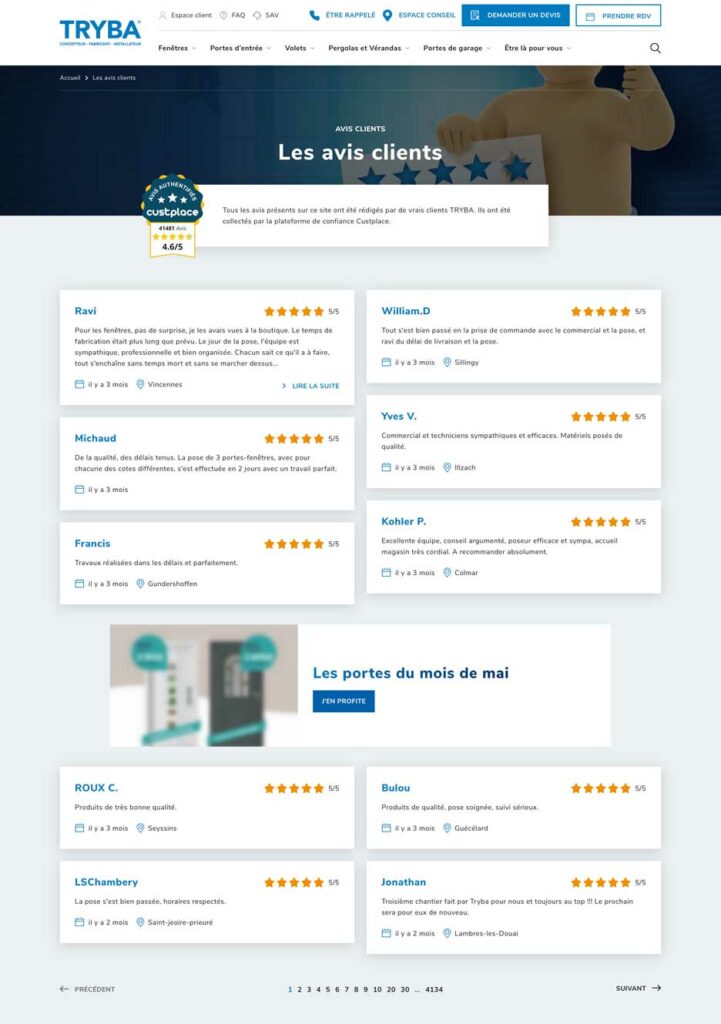 Page web de Tryba affichant la section des avis clients, avec une note globale de 4,6 sur 5 étoiles sur Custplace. L'écran montre plusieurs témoignages de clients satisfaits, chacun attribuant 5 étoiles à Tryba, accompagnés de brefs commentaires sur leurs expériences positives concernant les services et les produits. La mise en page est propre et professionnelle avec une navigation facile pour voir plus d'avis, indiquant une entreprise attentive aux retours de ses clients.
