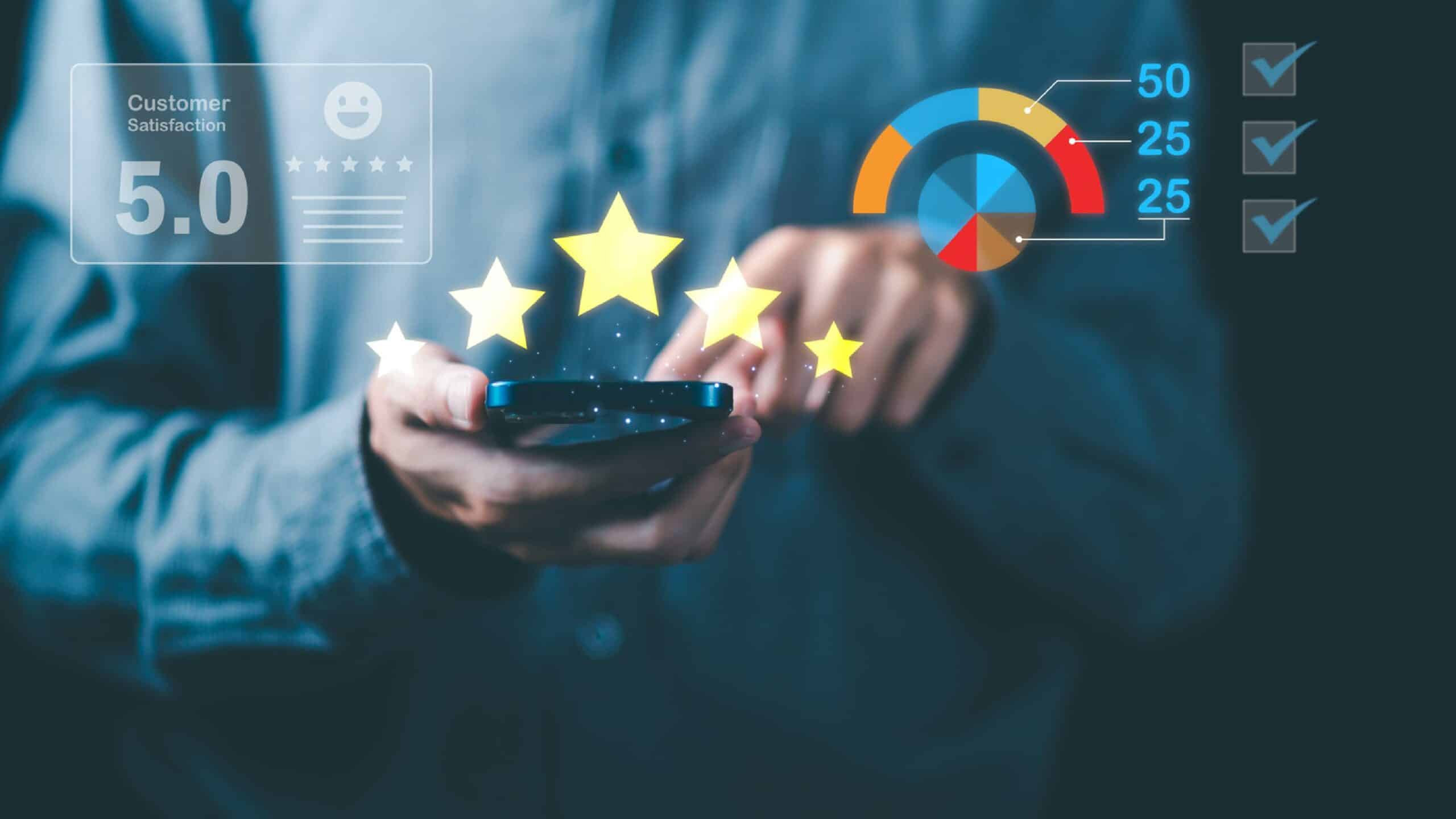 Homme évaluant un produit en ligne avec des étoiles et indicateurs de satisfaction visibles.