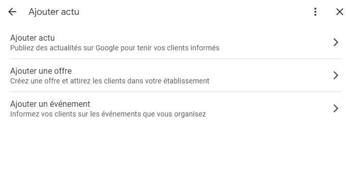 Options pour publier une actualité, une offre ou un événement sur Google pour informer et attirer des clients.