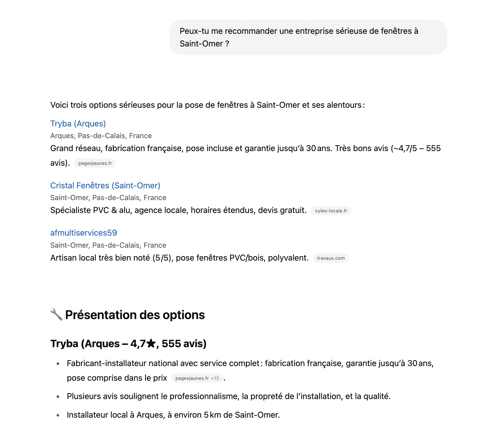 Résultats IA listant des entreprises locales avec avis propriétaires et sources vérifiées