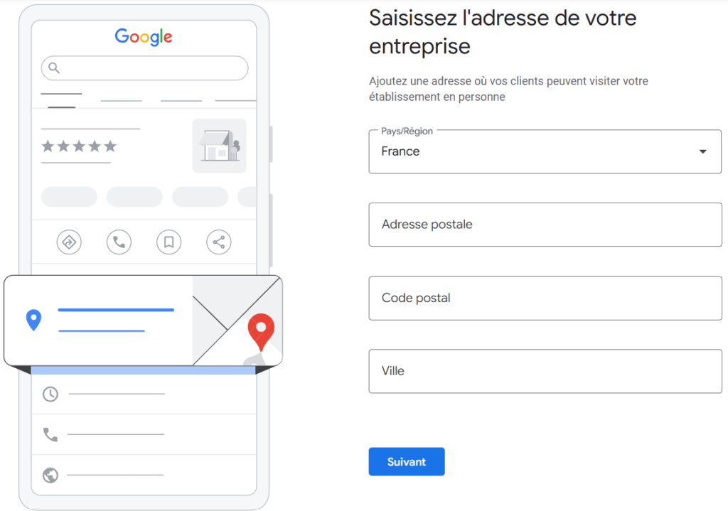 Interface Google Business Profile pour saisir l'adresse d'une entreprise et gérer la géolocalisation