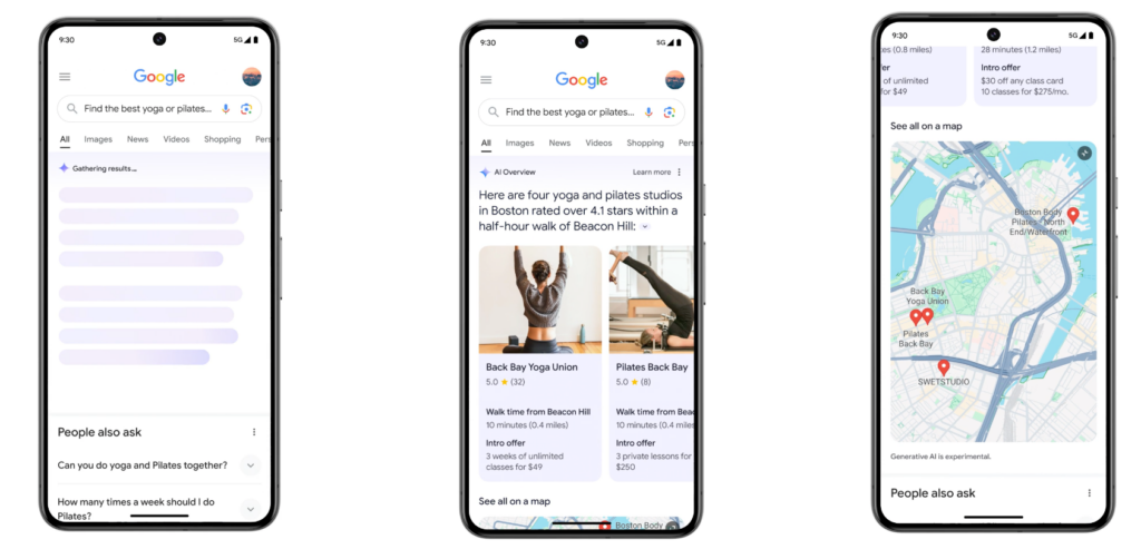 Une capture d'écran de la fonctionnalité AI Overview de Google, affichée sur trois écrans de smartphone, montrant les résultats d'une recherche locale pour "Find the best yoga or pilates studios in Boston".