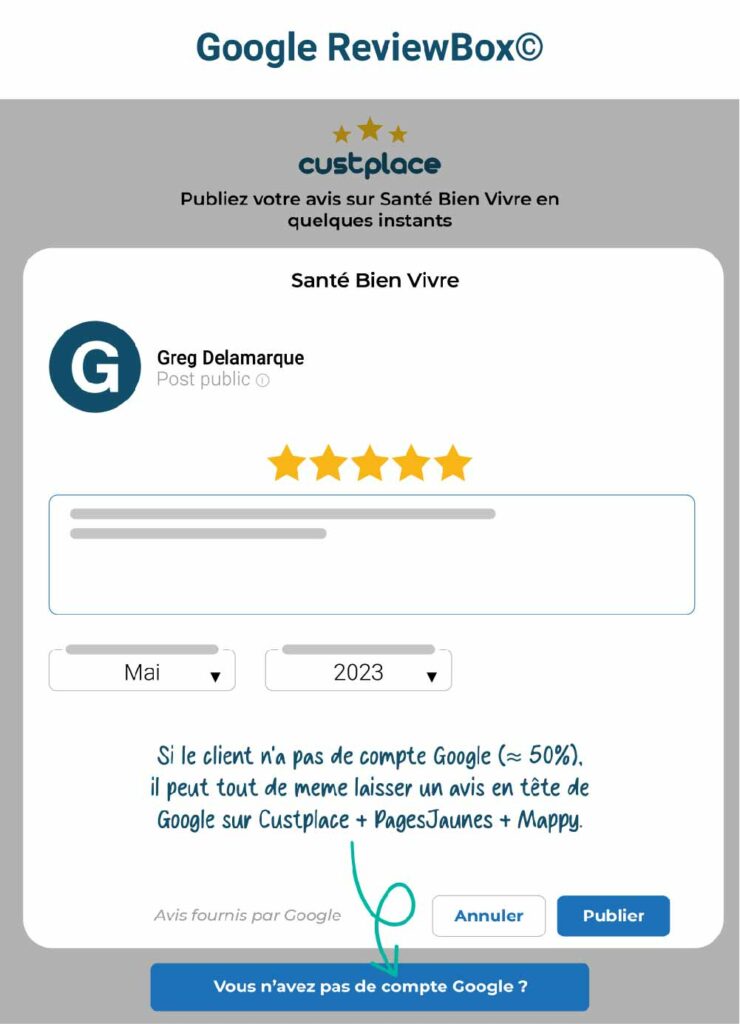 Google Review Box de Custplace - Postez des avis sur Custplace, Pages Jaunes et Mappy sans compte Google