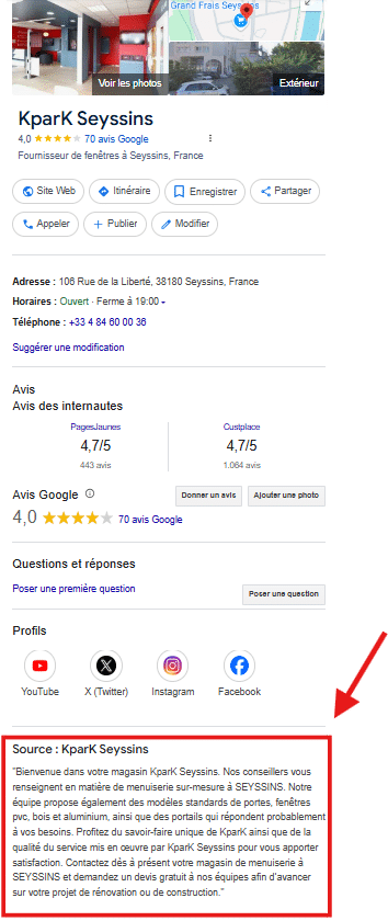 Description de la fiche Google Business Profile de KparK Seyssins