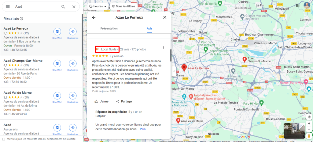 Capture d'écran montrant la page Google Maps pour Azaé Le Perreux, avec des avis de Local Guides et la carte indiquant plusieurs emplacements d'Azaé autour de Paris.