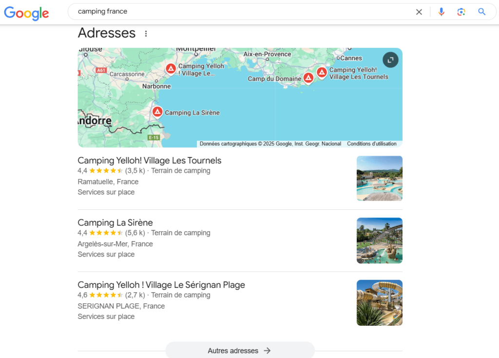 Capture d'écran du Google Local Pack affichant des campings en France, avec une carte interactive, notes, avis et photos des établissements