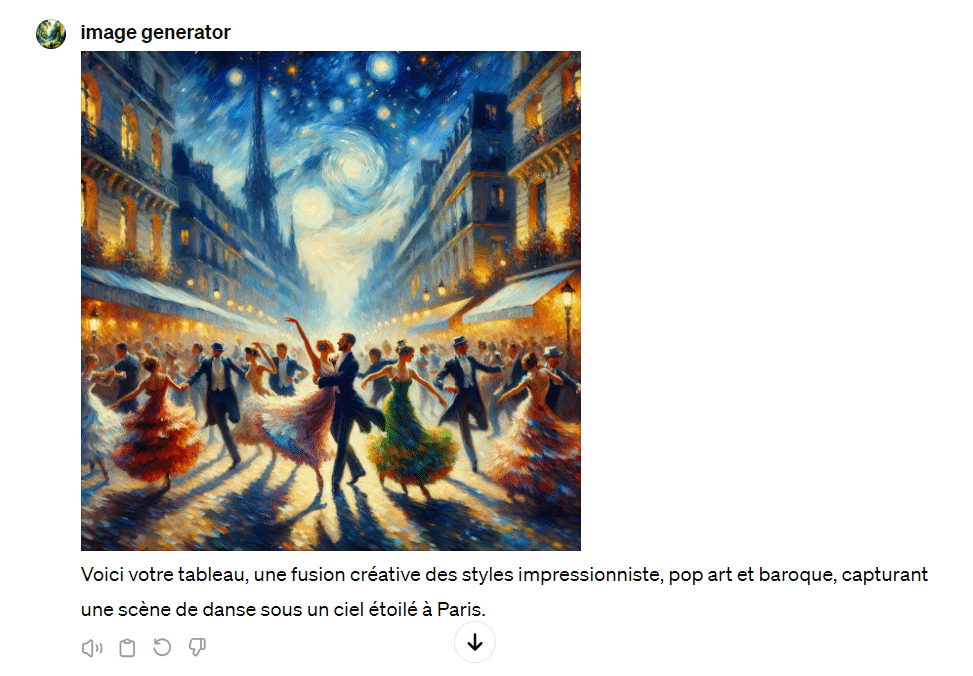 Exemple de prompt : Peinture à l'huile d'une scène de danse à Paris sous un ciel étoilé, combinant les styles artistiques de l'impressionnisme, du pop art et du baroque.