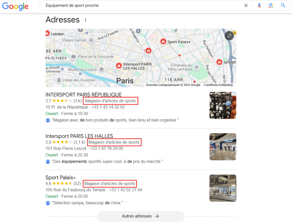 Résultats Google pour la catégorie principale 'Magasin d'articles de sports', montrant des adresses, notes et horaires à Paris avec une carte interactive