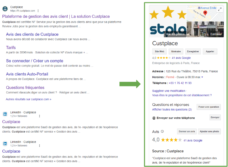 Fiche d'établissement Google Business Profile de Custplace