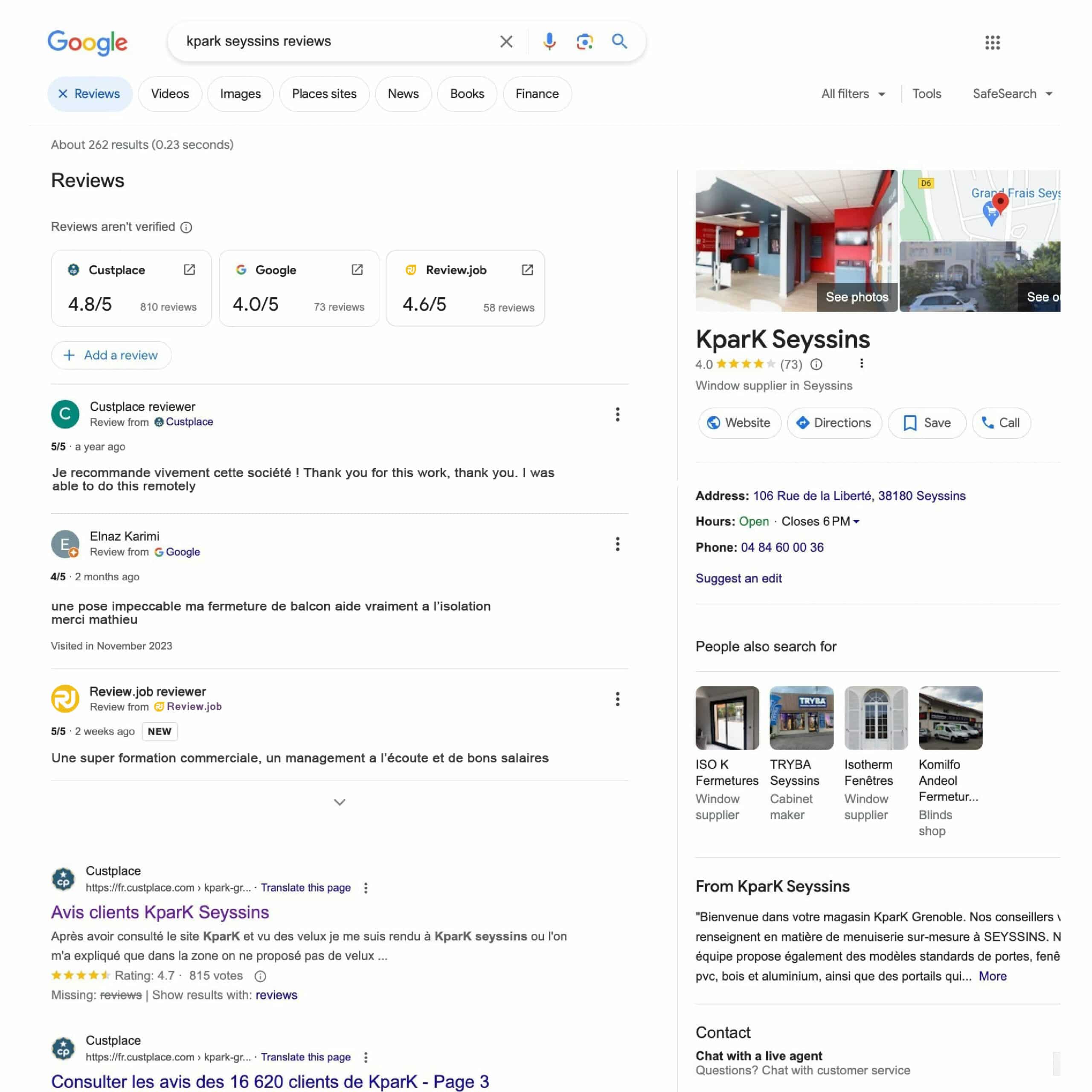 Google review pack, comme résultat de recherche de la requête "kpark seyssins reviews". Le Google review pack affiche les avis issus de Google, Custplace et Review.jobs avec les notes de chaque source.