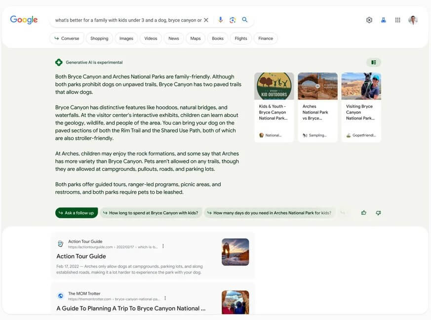 Capture d'écran de la recherche Google montrant les résultats générés par l'IA pour la requête "what's better for a family with kids under 3 and a dog, Bryce Canyon or Arches?"