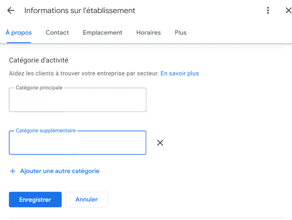 Capture d'écran de Google Business Profile montrant les champs pour définir une catégorie principale et ajouter une autre catégorie pour l'établissement