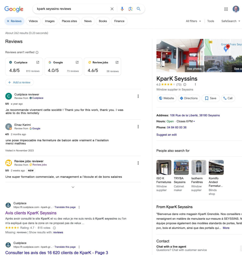 Capture d'écran montrant les résultats de recherche Google pour 'Kpark Seyssins reviews'.  La section principale montre les évaluations de Kpark Seyssins avec des notes de plusieurs sources comme Custplace, Google, et ReviewJobs.
