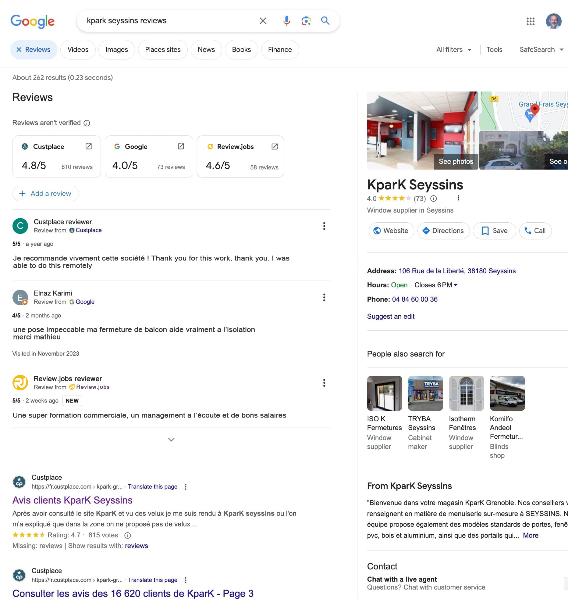 Affichage des avis Custplace et Review.jobs ajoutés à ceux de Google lors d'une recherche des avis Kpark Seyssins, et ce suite au changement du Google Business Profile.