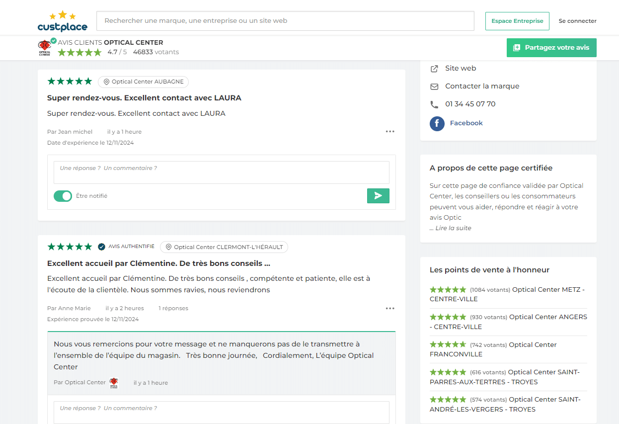 Avis clients pour Optical Center sur Custplace avec des notes et des réponses de l'équipe.