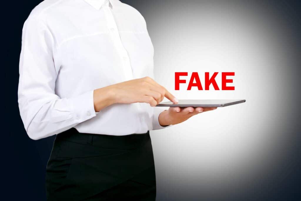 Personne tenant une tablette affichant le mot FAKE, symbolisant les dangers d'acheter des avis Google