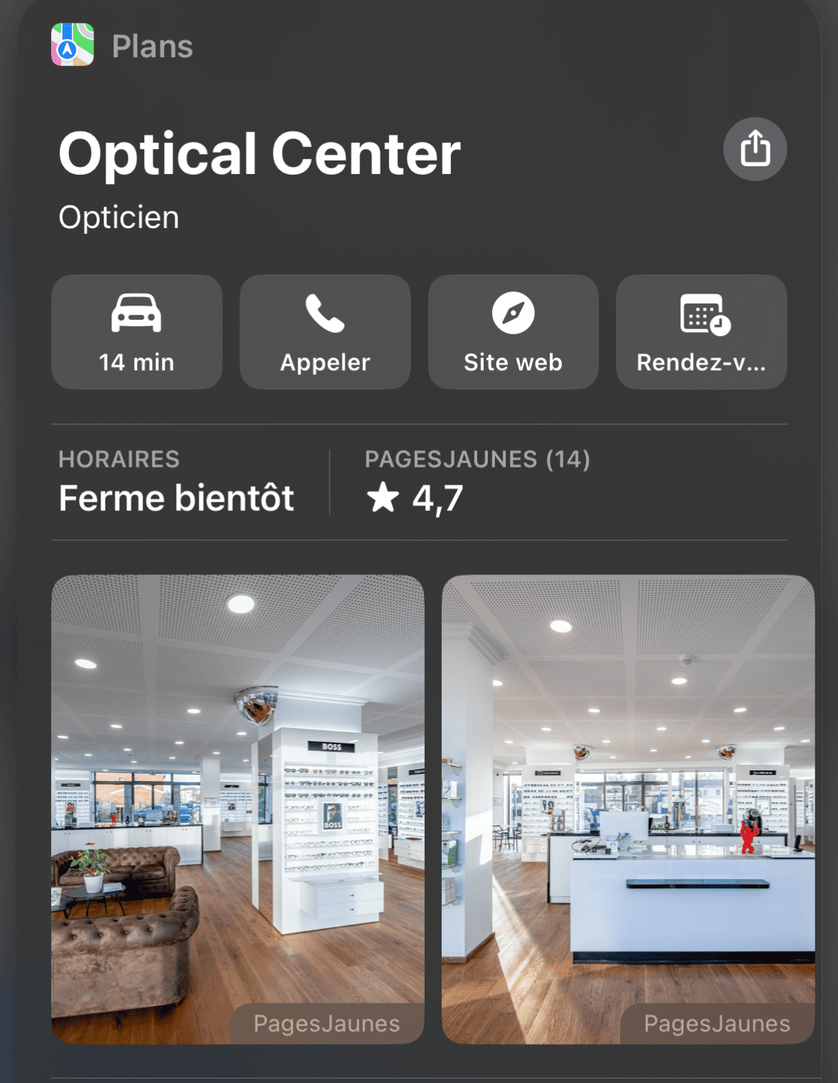 Fiche d’établissement Optical Center sur Apple Plans affichant les avis Pages Jaunes et les horaire