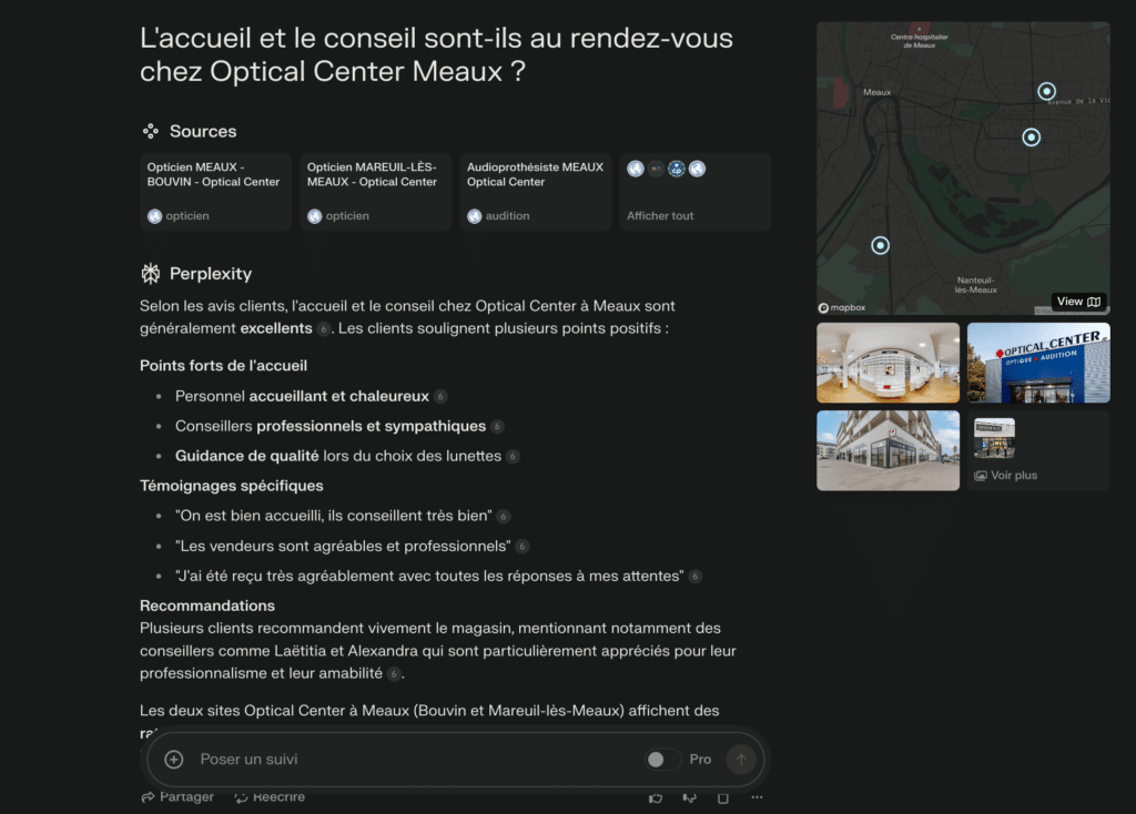 Capture d'écran de Perplexity présentant les avis clients sur l'accueil et le conseil chez Optical Center Meaux, avec des témoignages positifs.