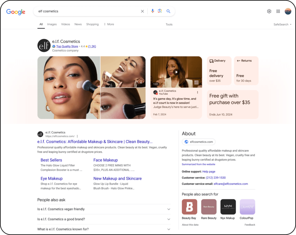 Capture d'écran du profil de marque e.l.f. Cosmetics dans les résultats de recherche Google, montrant des images, des vidéos, et des offres promotionnelles