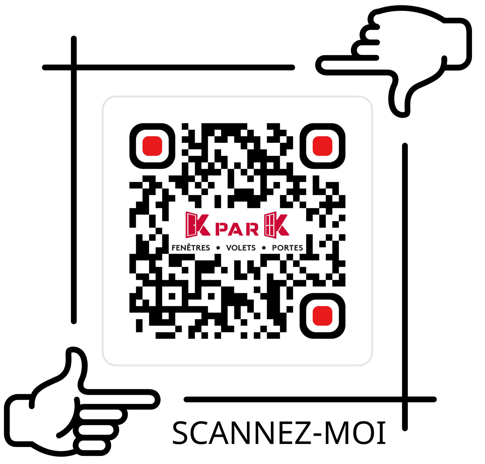 QR code avis pour KparK, spécialisé en fenêtres, volets et portes, avec une illustration indiquant 'Scannez-moi'.