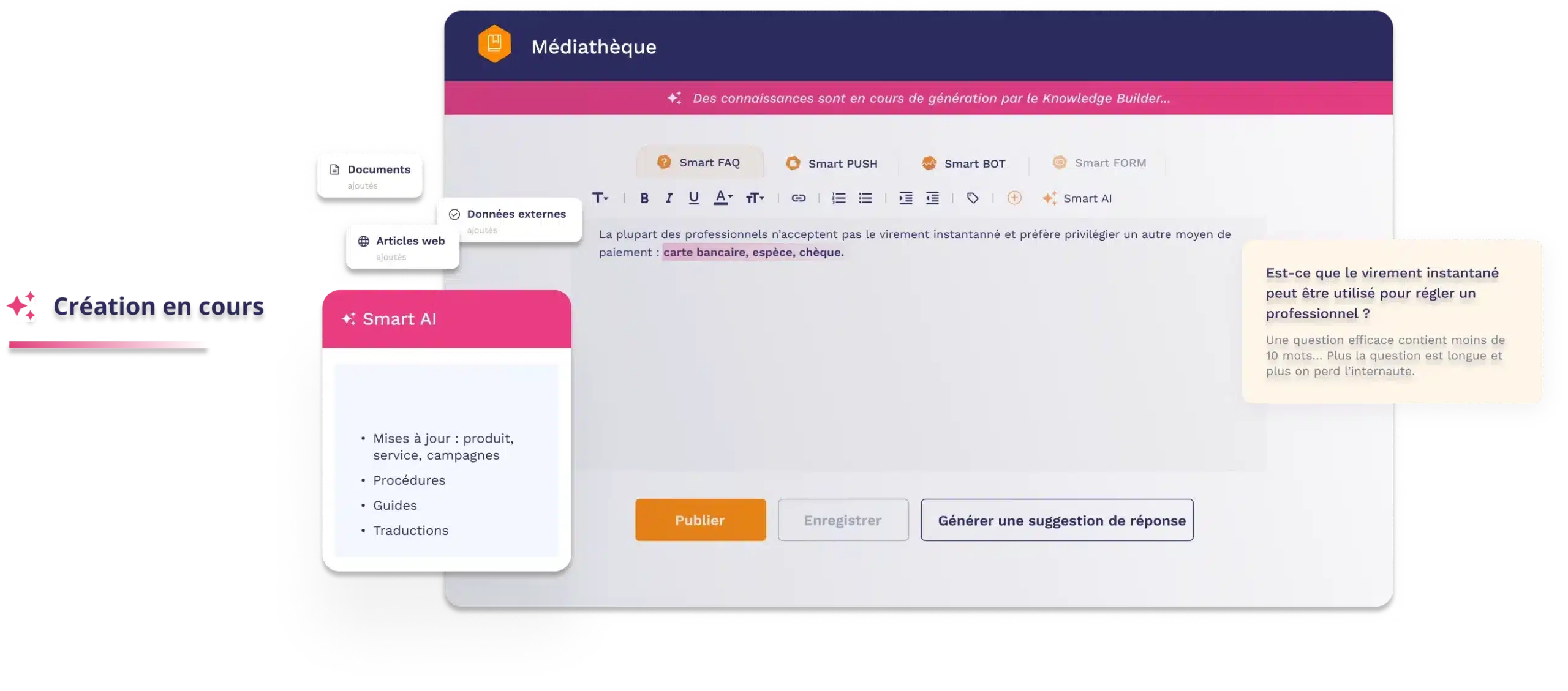 Interface de génération de connaissances par IA avec options d'édition et suggestion de réponse.