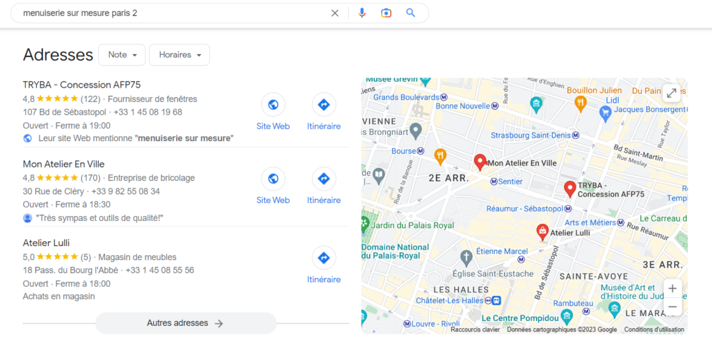 Local Pack Google affichant les résultats de recherches de menuiserie sur-mesure Paris 2e