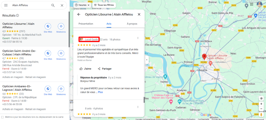 Capture d'écran montrant les avis Google Maps de l'opticien Alain Afflelou à Libourne, avec des évaluations de Local Guides et une carte indiquant l'emplacement du magasin.