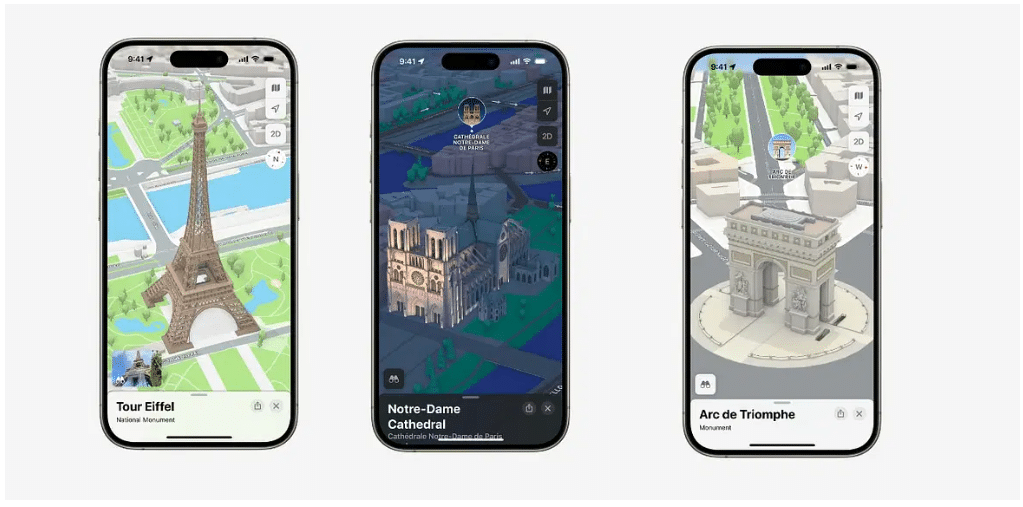 Capture d'écran montrant trois iPhones affichant des vues 3D interactives de monuments parisiens sur Apple Maps. De gauche à droite : la Tour Eiffel, la Cathédrale Notre-Dame et l'Arc de Triomphe.