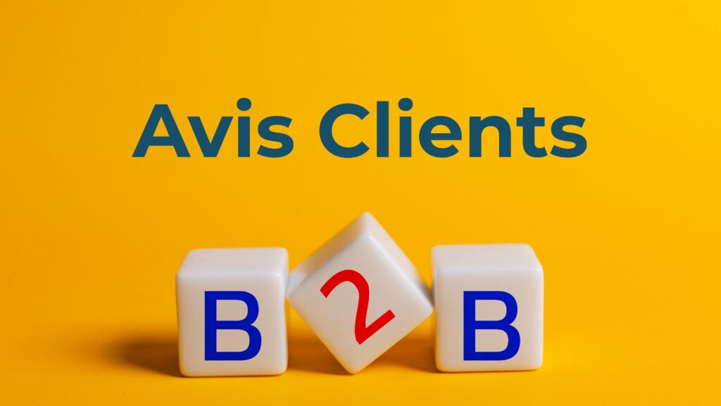 Blocs représentant B2B avec texte 'Avis Clients' sur fond jaune, illustrant les avis en B2B.