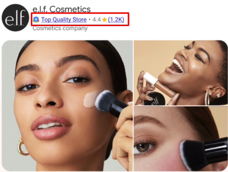 e.l.f. Cosmetics marque affichant une note de 4,4 étoiles sur Google avec des images de modèles utilisant les produits de beauté.