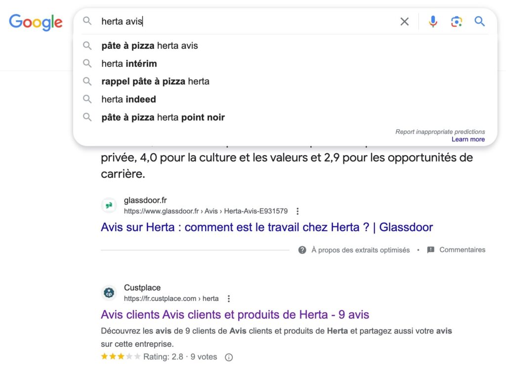 Google suggère des résultats liés au produits de la marque Herta pour la requête Herta Avis