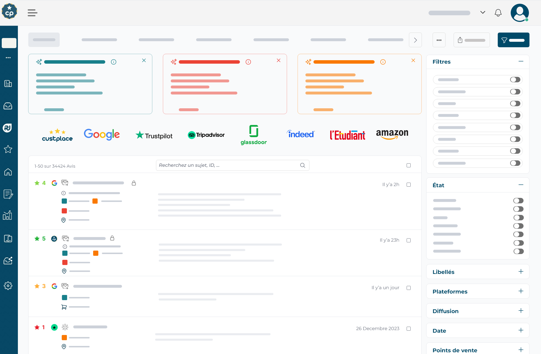 Interface de gestion d'avis en ligne montrant divers logos de plateformes d'avis comme Custplace, Google, Trustpilot, TripAdvisor, et autres, avec des interactions de modération d'avis clients.