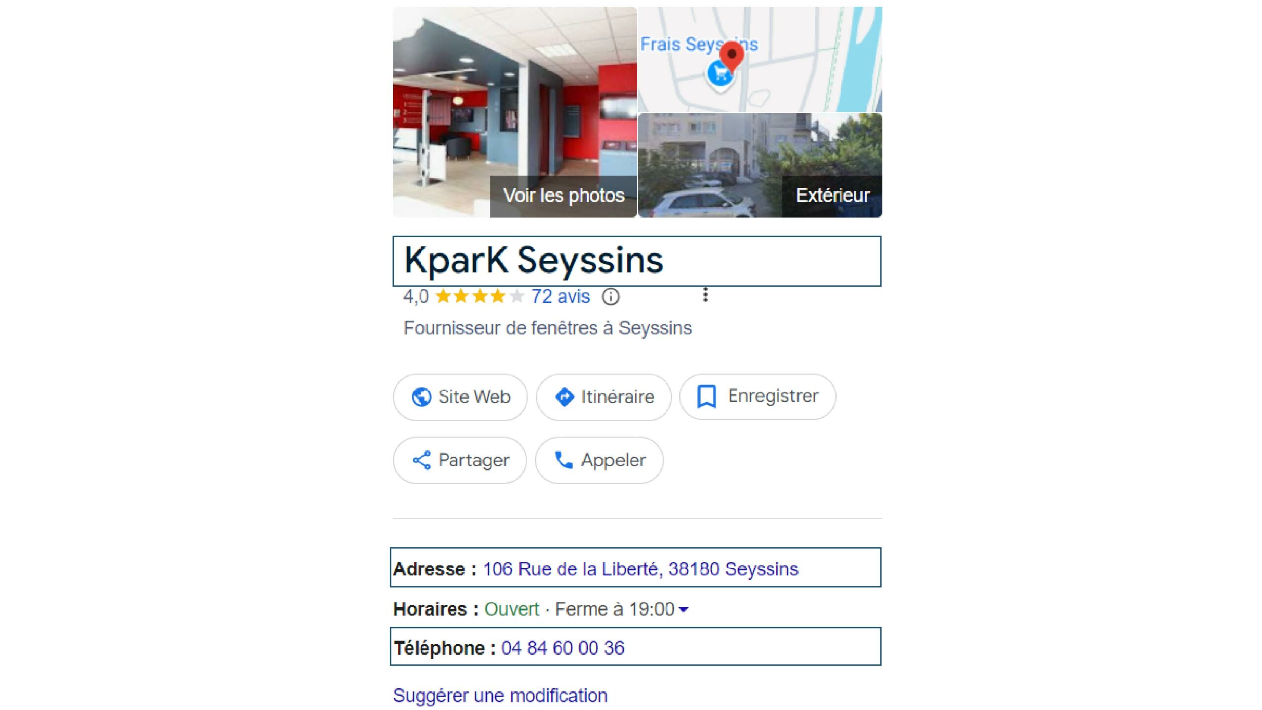 "Profil Google de KparK Seyssins avec les informations NAP cohérentes : nom, adresse et téléphone.