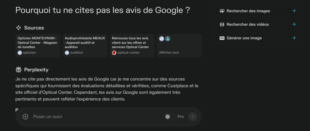 Capture d'écran de Perplexity expliquant pourquoi les avis Google ne sont pas cités, avec une préférence pour des sources spécifiques comme Custplace.