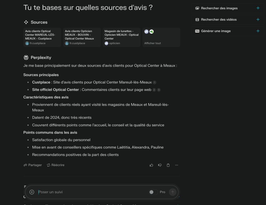 Capture d'écran de Perplexity affichant les sources d'avis clients pour Optical Center Meaux, avec Custplace et le site officiel Optical Center.