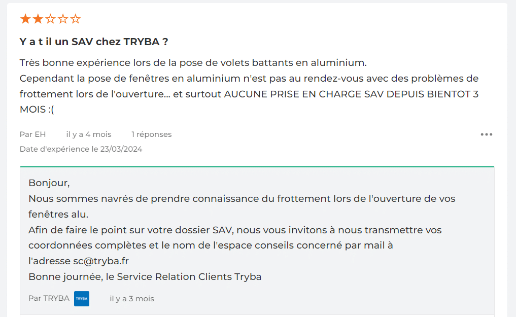 Une capture d'écran d'un avis client négatif sur Tryba, noté 2 étoiles. Le client mentionne une bonne expérience pour la pose de volets battants en aluminium mais exprime sa déception concernant des problèmes de frottement des fenêtres en aluminium et l'absence de prise en charge du service après-vente (SAV) depuis trois mois. La réponse de Tryba présente des excuses et invite le client à transmettre ses coordonnées pour résoudre le problème.